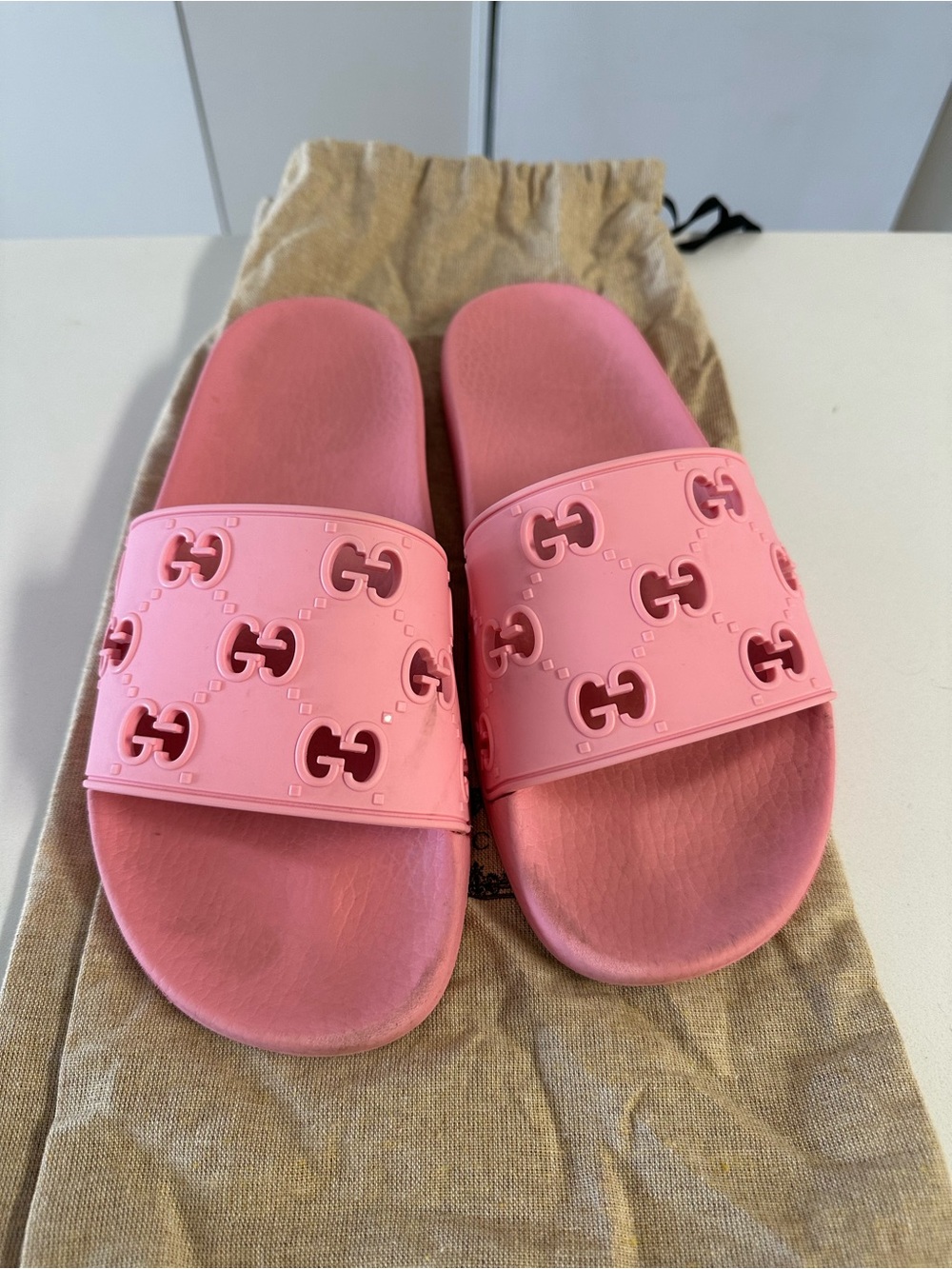 Gucci GG Rubber Monogram Slides Pink Size 38